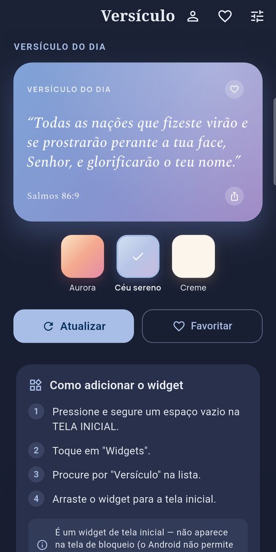 Tela principal do app com o tema Céu sereno
