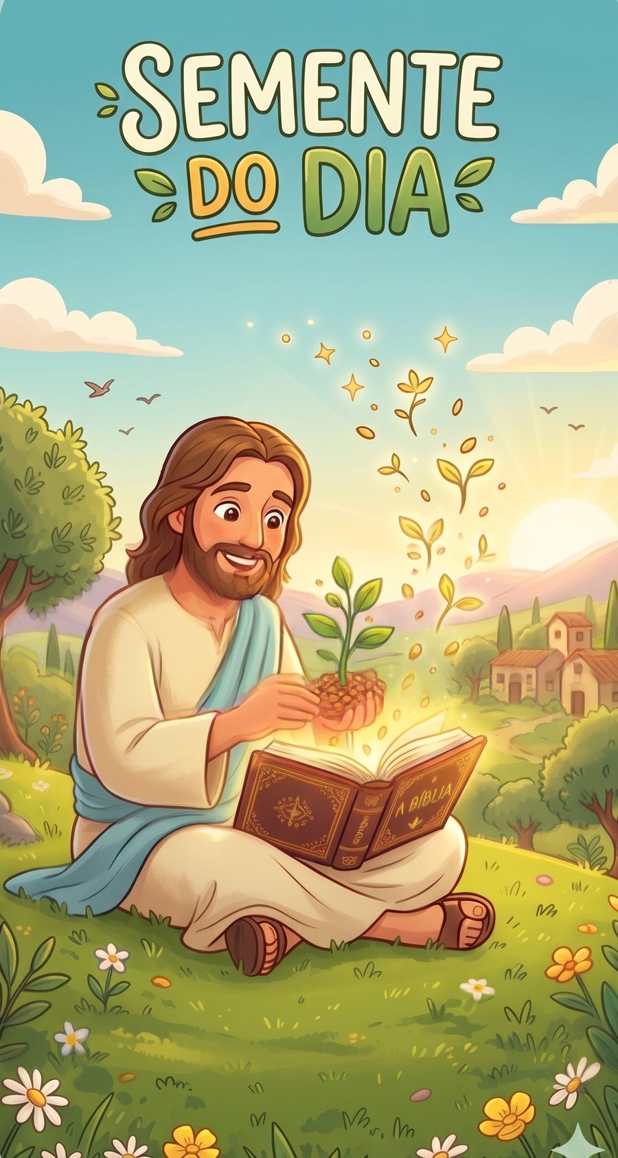 Ilustração do Semente do Dia: Jesus sentado num campo ao nascer do sol, plantando uma semente com a Bíblia aberta
